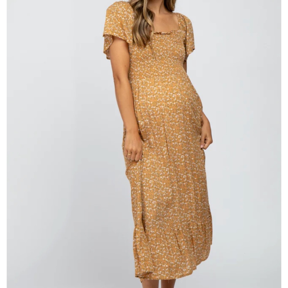 Mustard Floral Smocked Maternity Maxi Dress